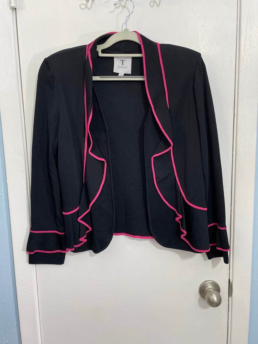 Toula Jacket Small Black Pink Ruffled Trim Clueless Preppy Twee Officecore NWT